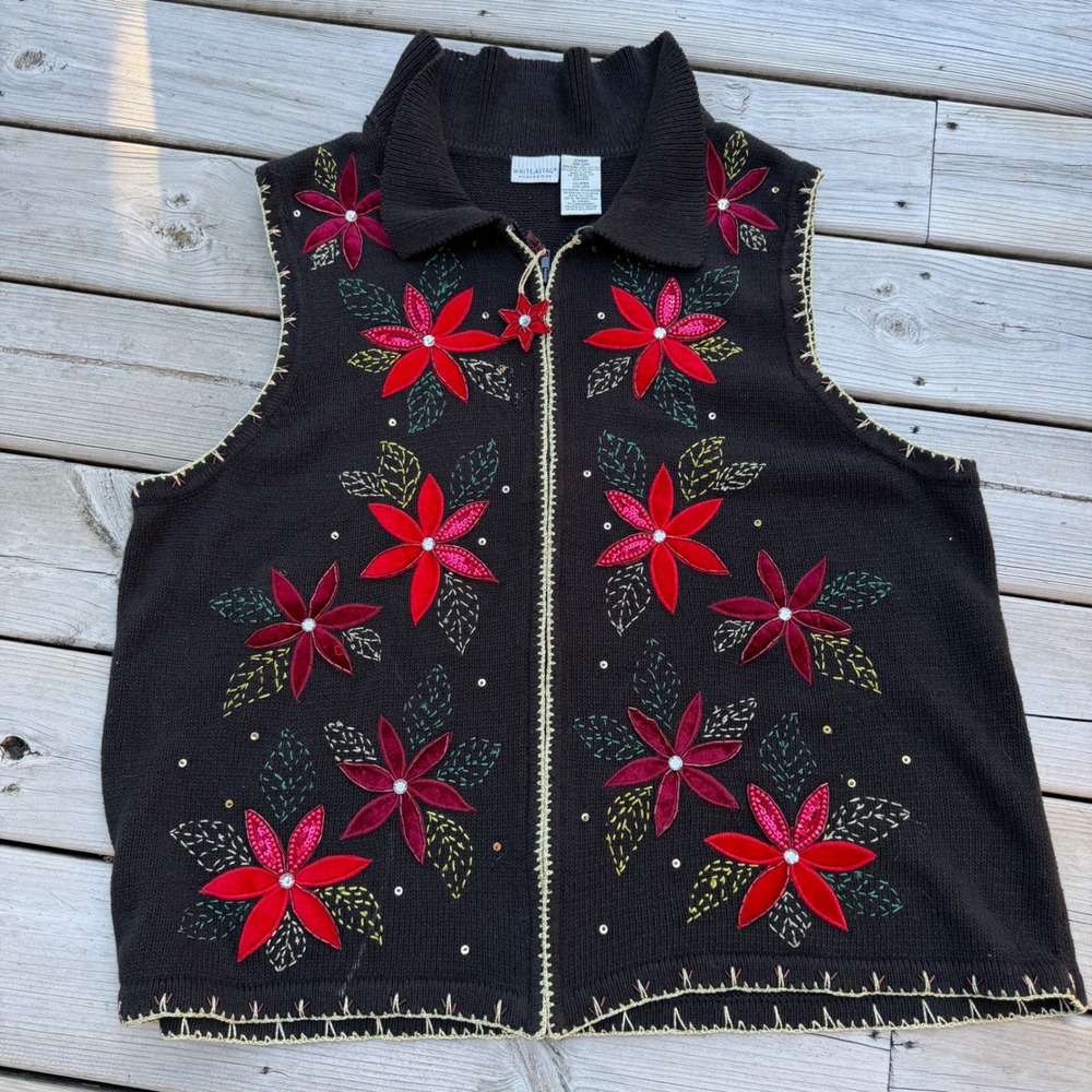 White Stag Womens Plus 22W 24W Poinsettia Christmas Sweater Vest Black Zip Up